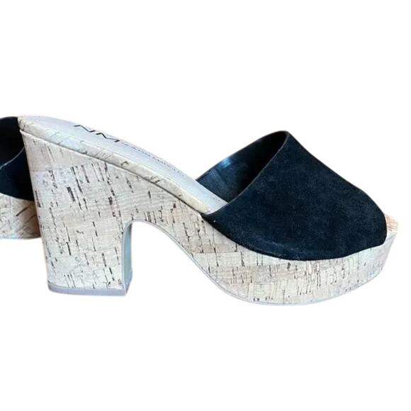 Neiman Marcus Black Suede Cork-Heeled Platform Sandals- SIZE 8M - Picture 3 of 11